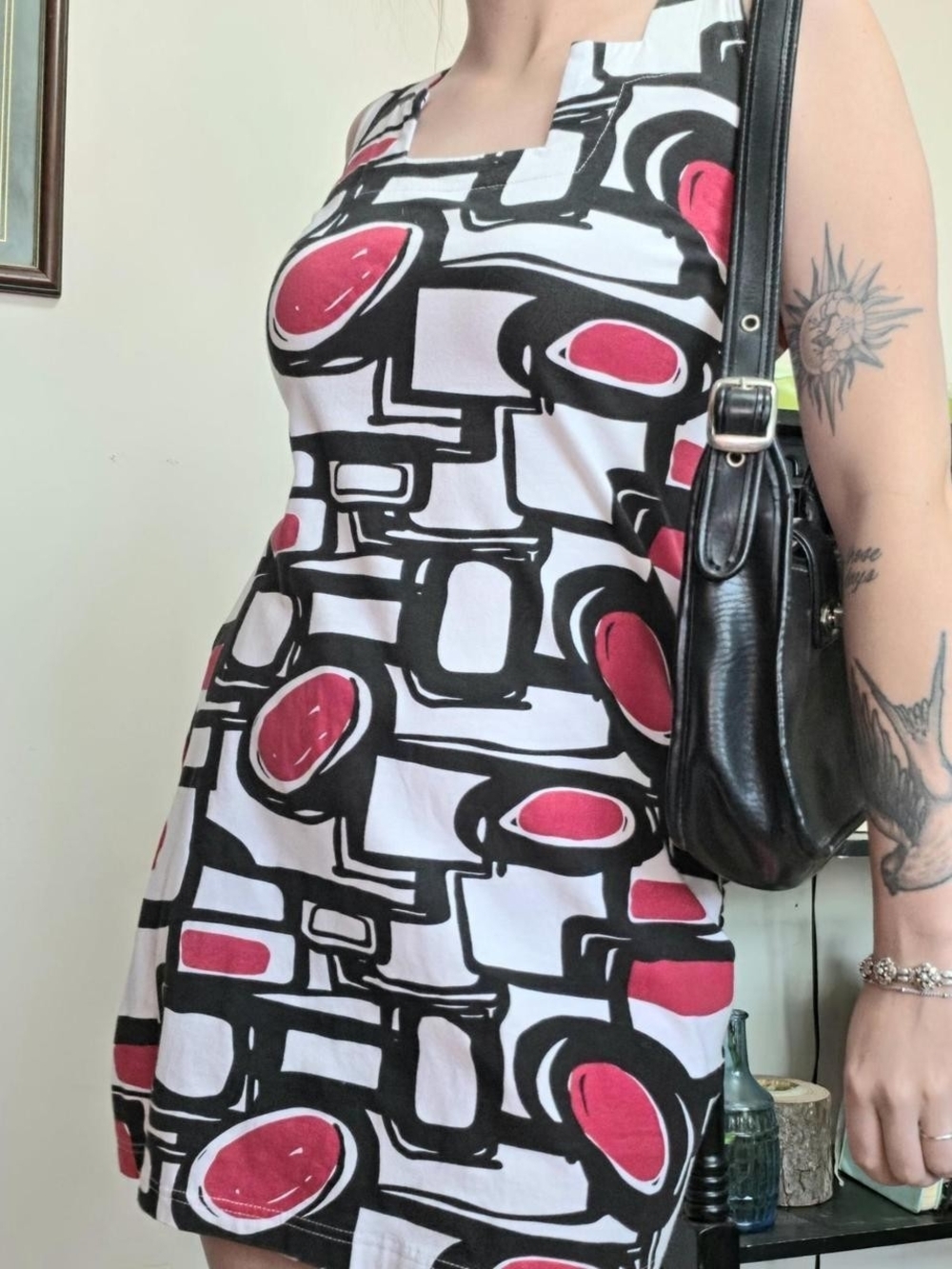 Vintage Geometric Print Dress White & Red Size S